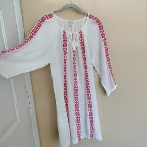 Hinge S White Coral Embroidered Dress Tunic Top Swimsuit Cover Beach Boho